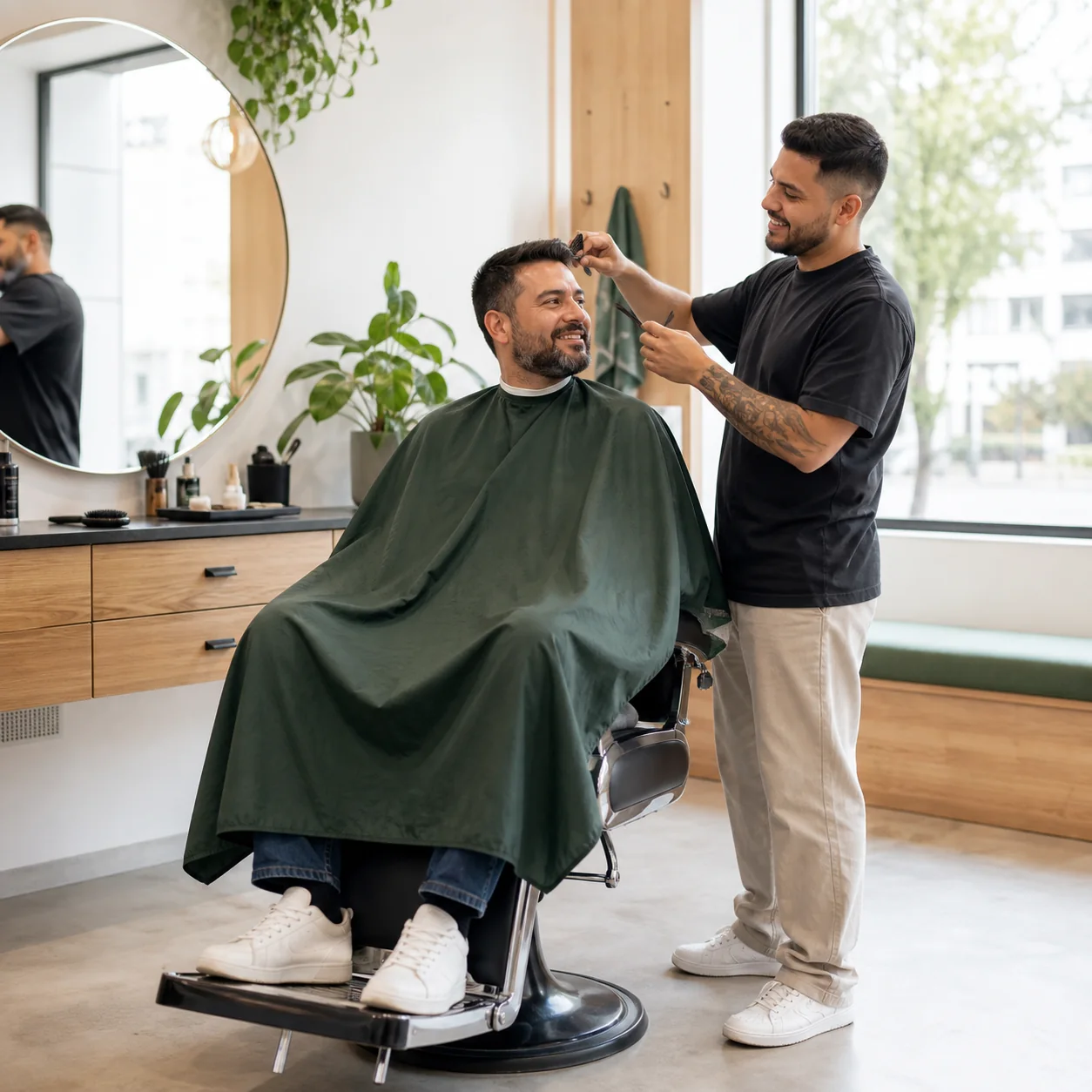 Cliente sendo atendido por barbeiro em barbearia clara