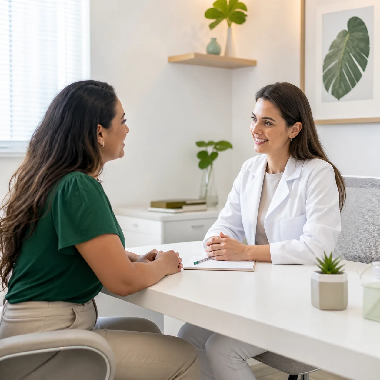 Paciente em conversa de atendimento com médica em clínica clara