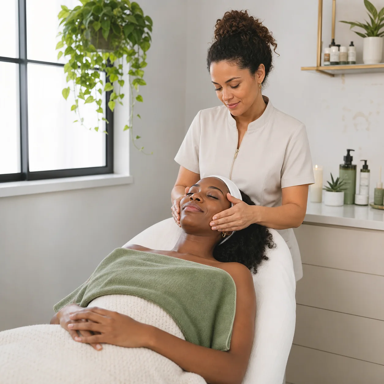 Cliente recebendo atendimento facial em espaço de estética claro