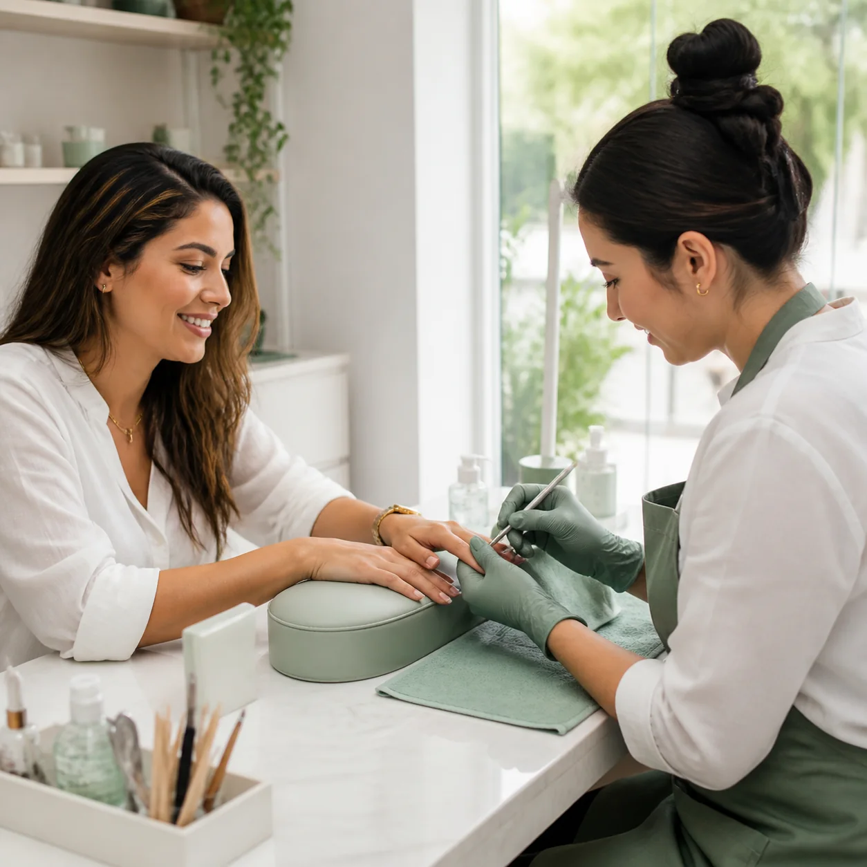 Cliente recebendo atendimento de manicure em estúdio claro
