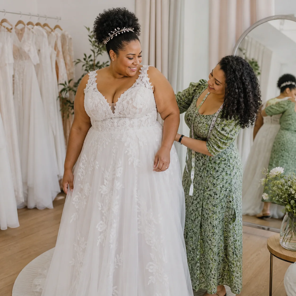 Cliente sendo atendida durante prova de vestido em loja clara