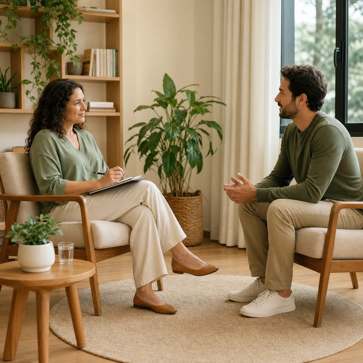 Cliente em atendimento com terapeuta em consultório claro
